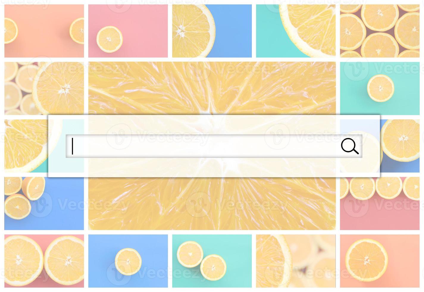 Visualization of the search bar on the background of a collage of many pictures with juicy oranges. Set of images with fruits on backgrounds of different colors photo