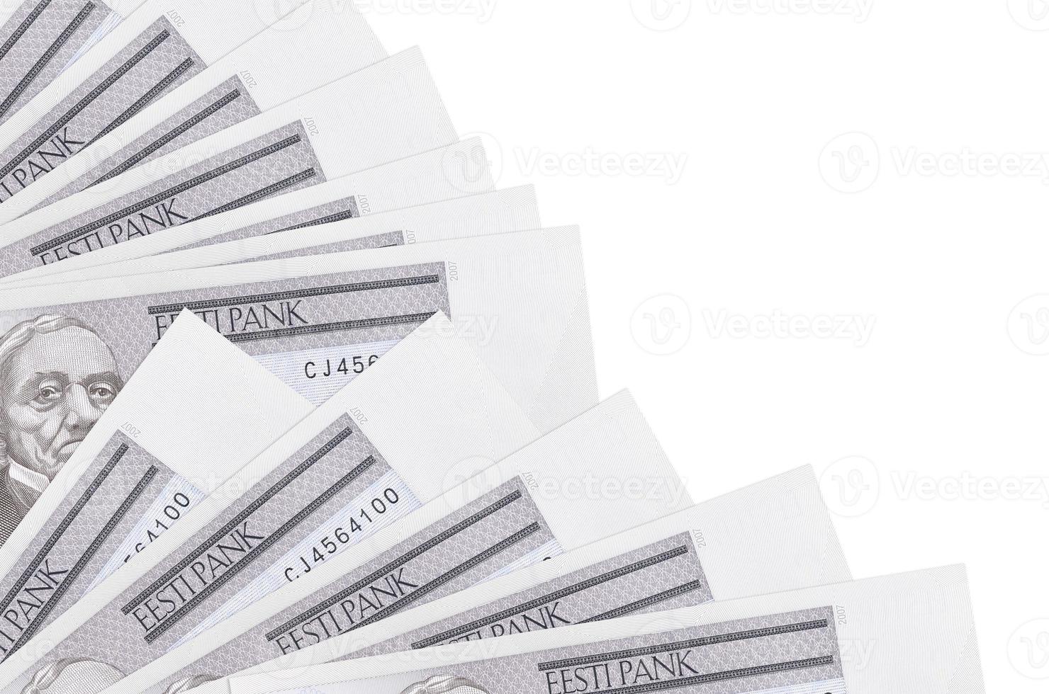 2 Estonian kroon bills lies isolated on white background with copy space stacked in fan close up photo