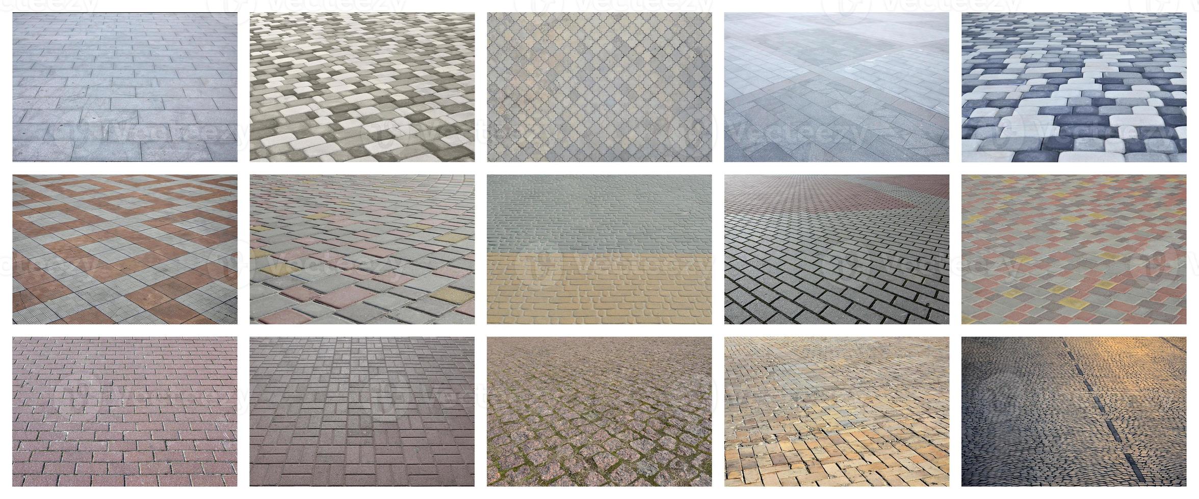 A collage of many pictures with fragments of paving tiles close-up. Set of images with pavement stone photo