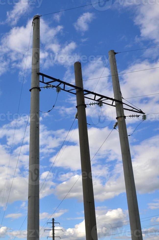Concrete pole with wires of power line against the background of blue cloudy sky photo