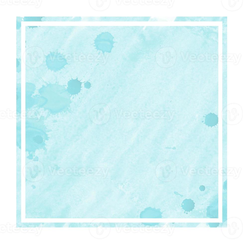 Light blue hand drawn watercolor rectangular frame background texture with stains photo