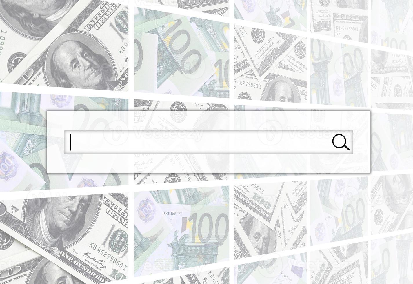 The search string is located on top of collage of many images of euro banknotes in denominations of 100 and 500 euros lying in the heap photo