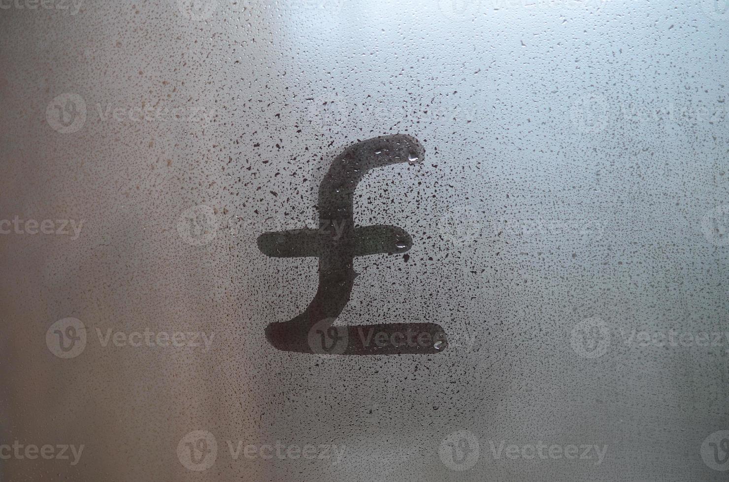 Symbol of English pounds is written with a finger on the surface of the misted glass photo