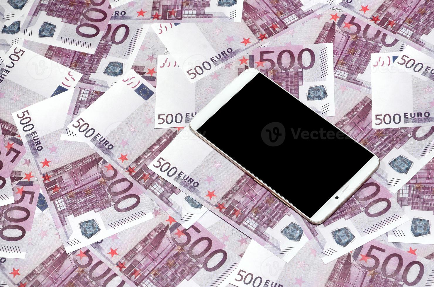 Purple 500 euro money bills and a smartphone with black screen. Copy space. The concept of online banking, money management and shopping with modern technology photo