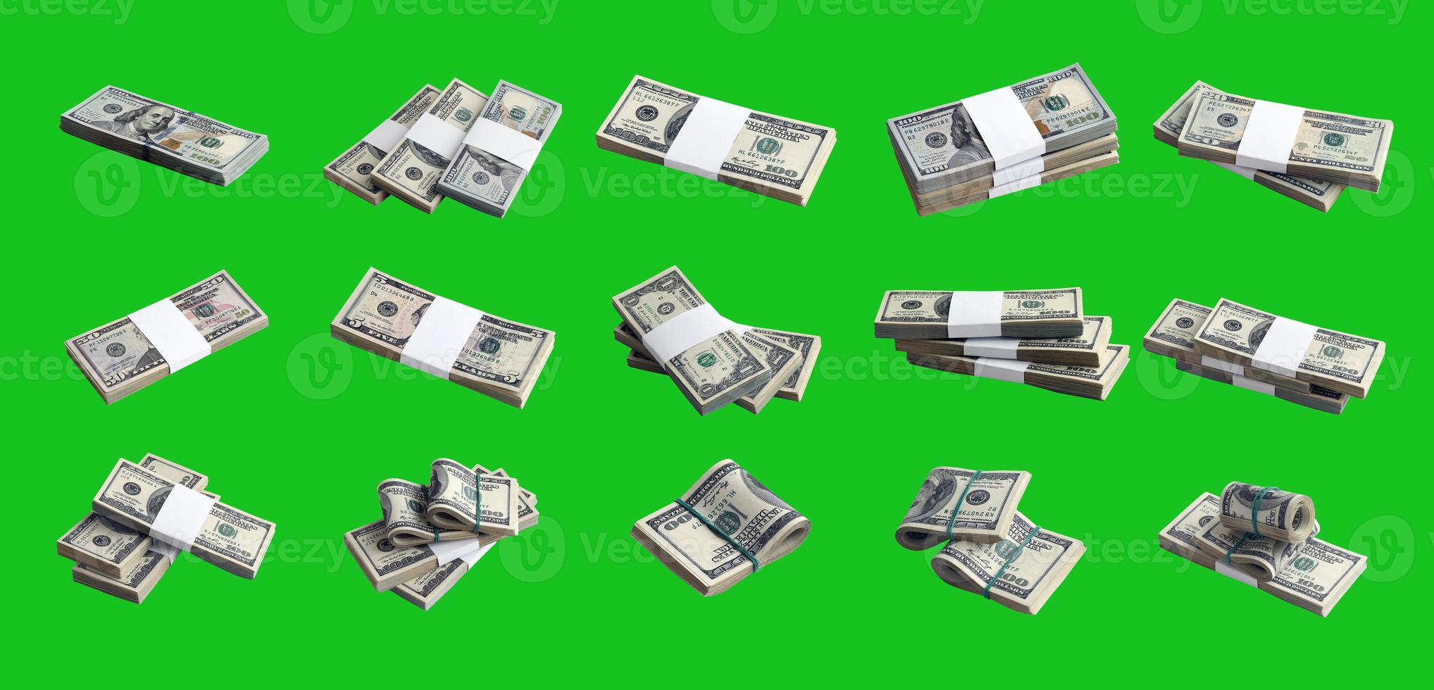 Big set of bundles of US dollar bills isolated on chroma key green. Collage with many packs of american money with high resolution on perfect green background photo