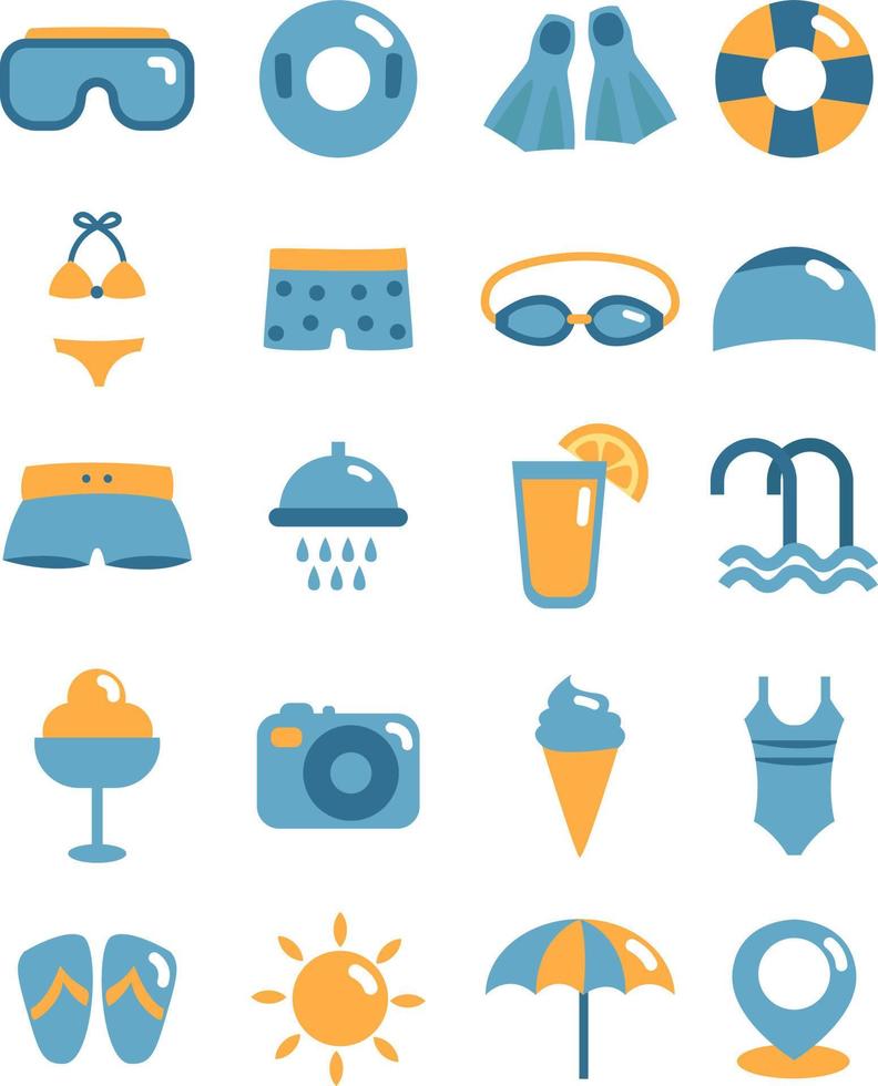 paquete de iconos de verano del parque acuático, ilustración, vector, sobre un fondo blanco. vector