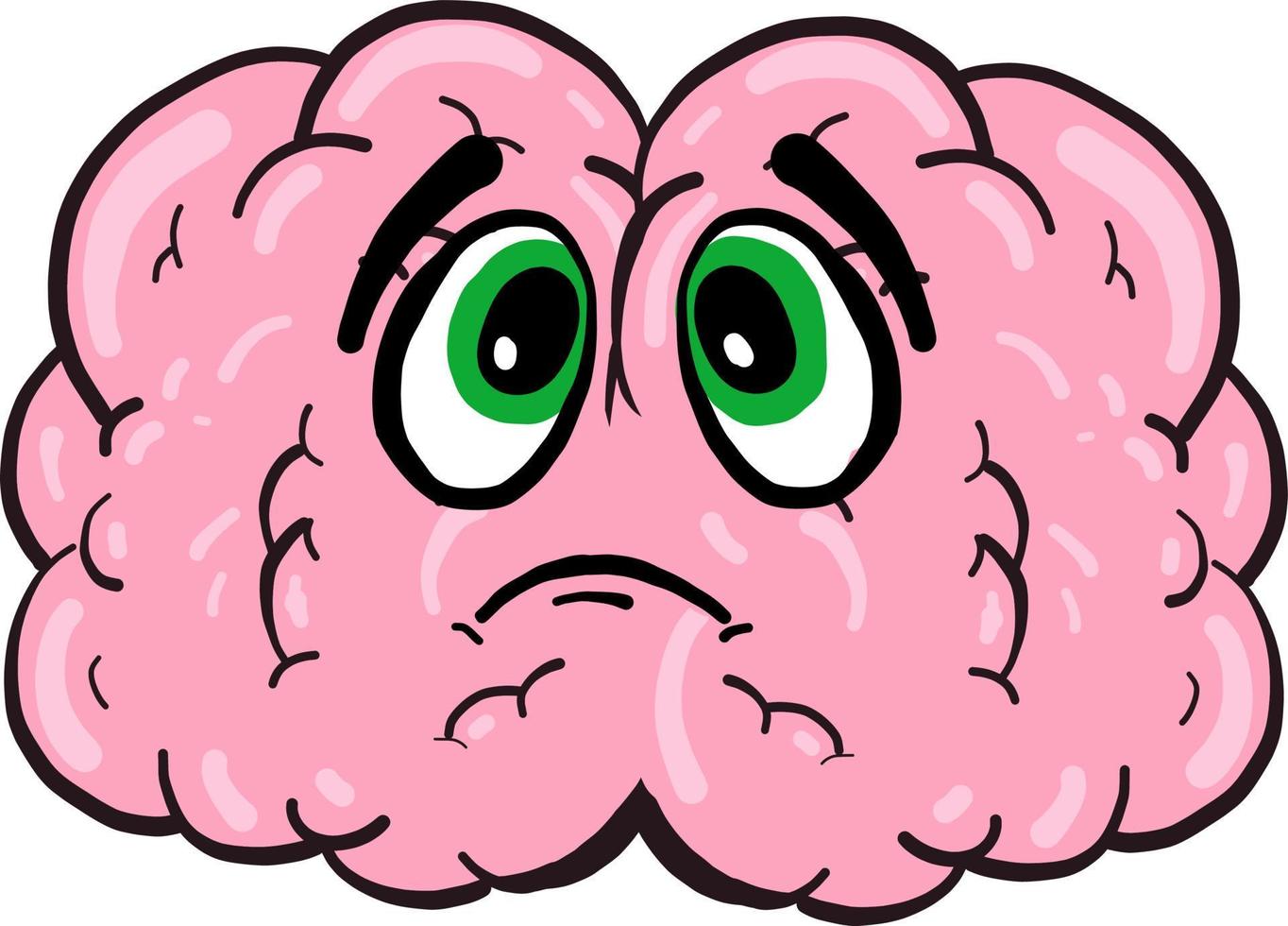 Sad brain with green eyes, illustration, vector on white background.