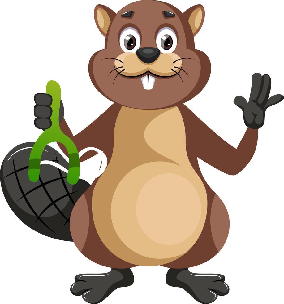 Beaver with sling shoot, illustration, vector on white background.