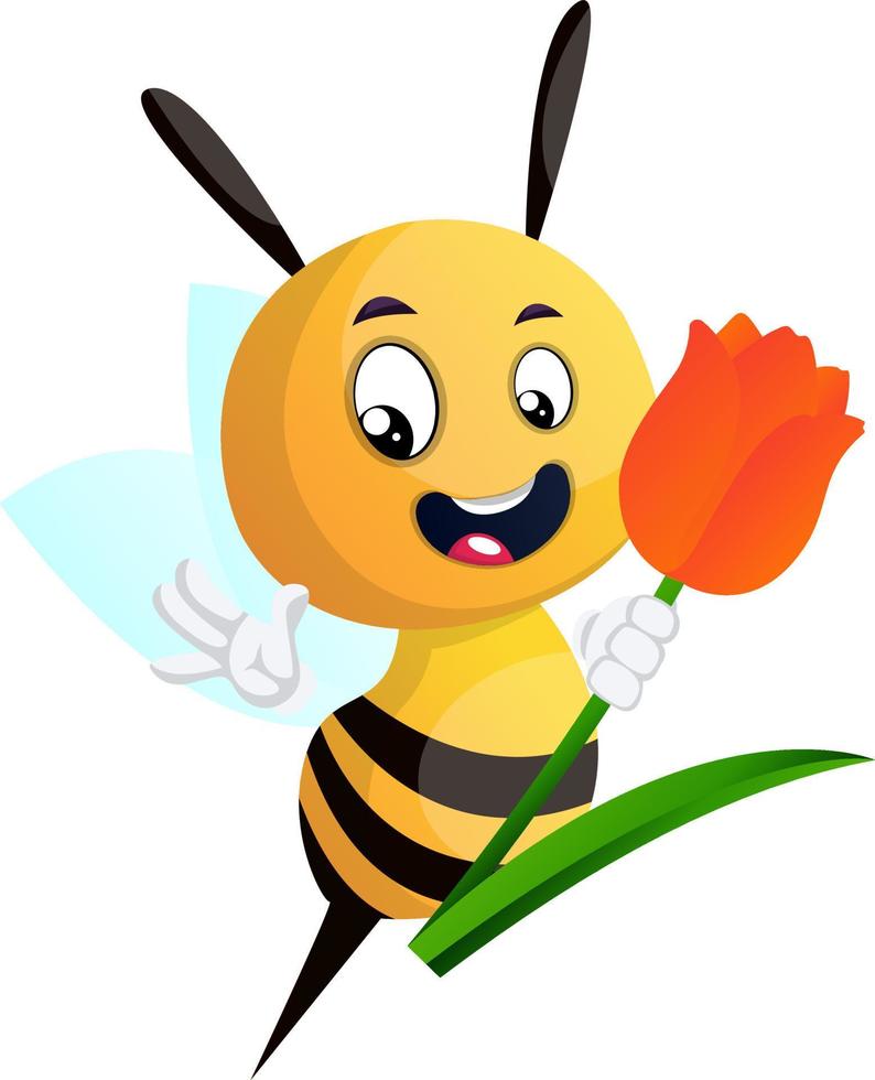 Bee holding tulip and waving, illustration, vector on white background.