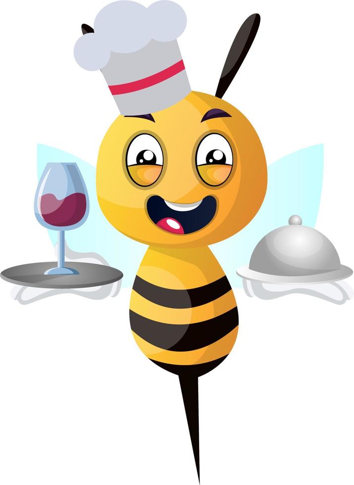 Bee como camarero, ilustración, vector sobre fondo blanco.