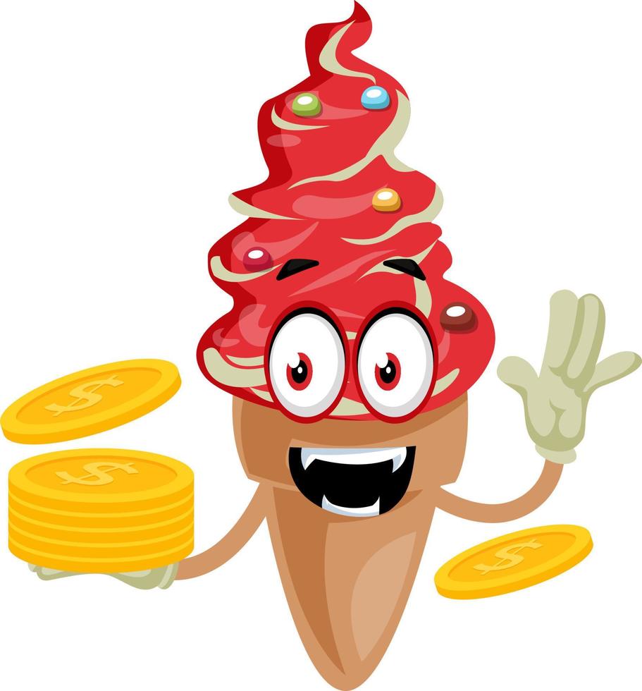 Ice cream with coins, illustration, vector on white background.