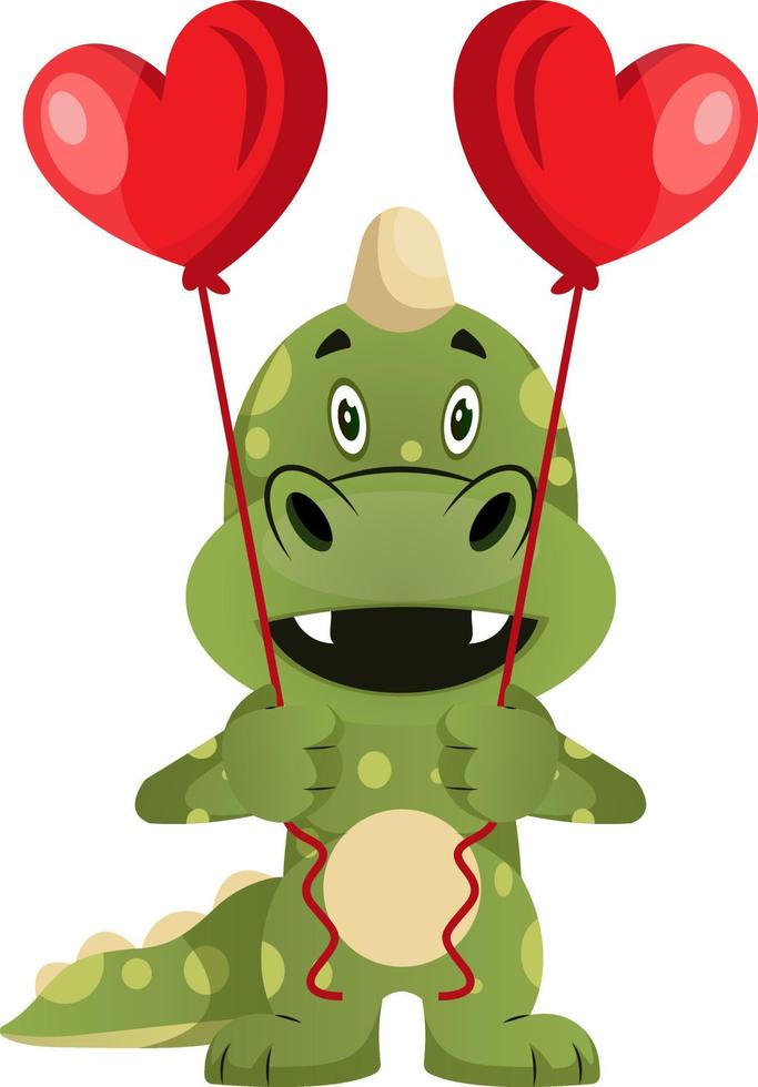 Green dragon is holding heart balloons, illustration, vector on white background.