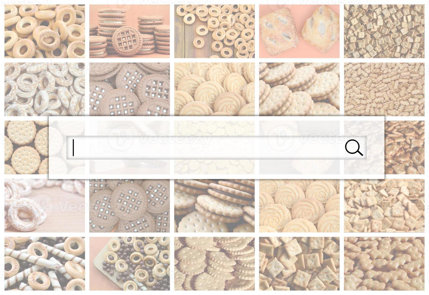Visualization of the search bar on the background of a collage of many pictures with various sweets close-up. A set of images with varieties of biscuits, bagels and candies photo