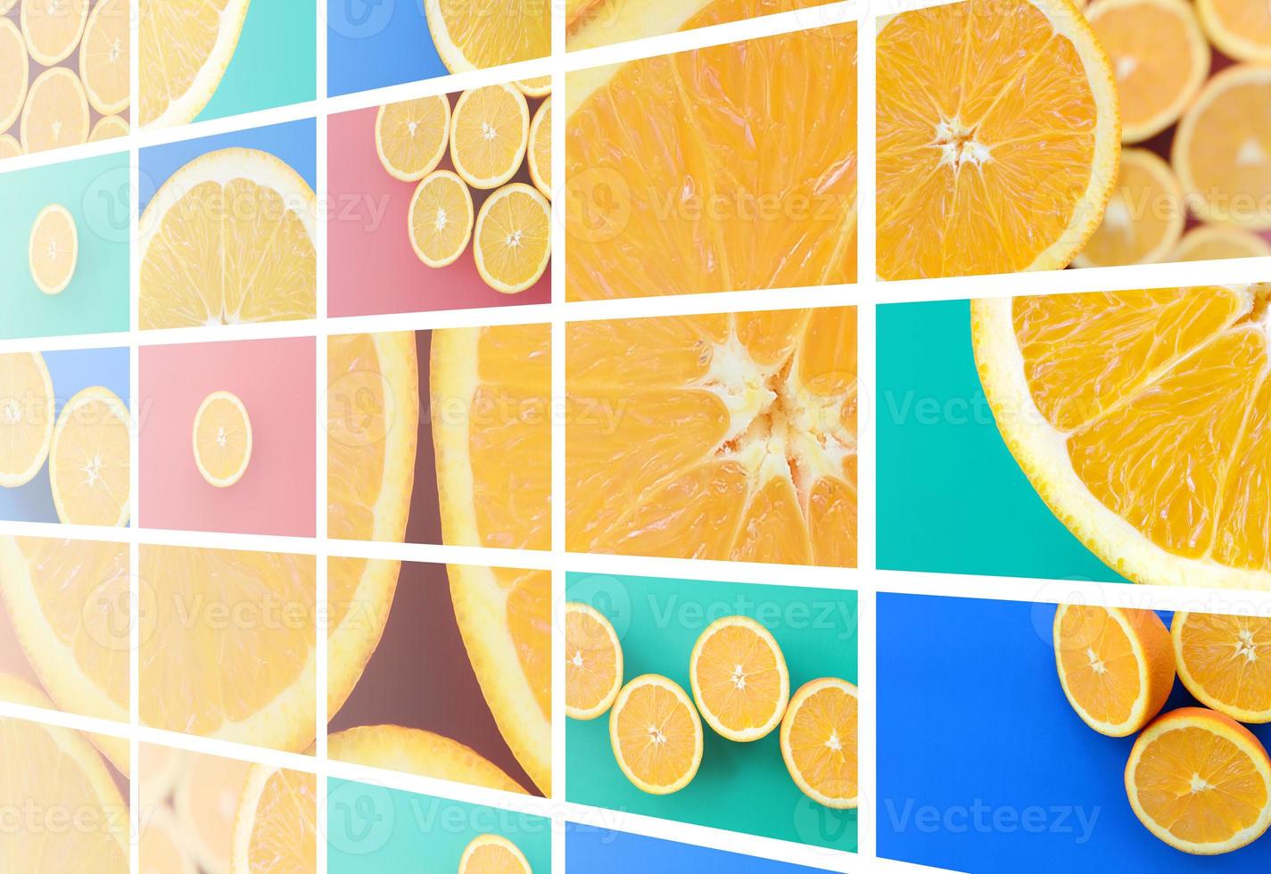 A collage of many pictures with juicy oranges. Set of images with fruits and different colors photo