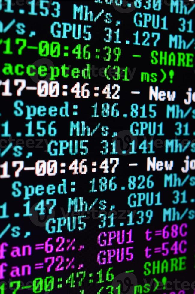 Macro snapshot of the program interface for crypto currency mining on the monitor of an office computer. The concept of mining bitcoins. The flow of information strings and data photo