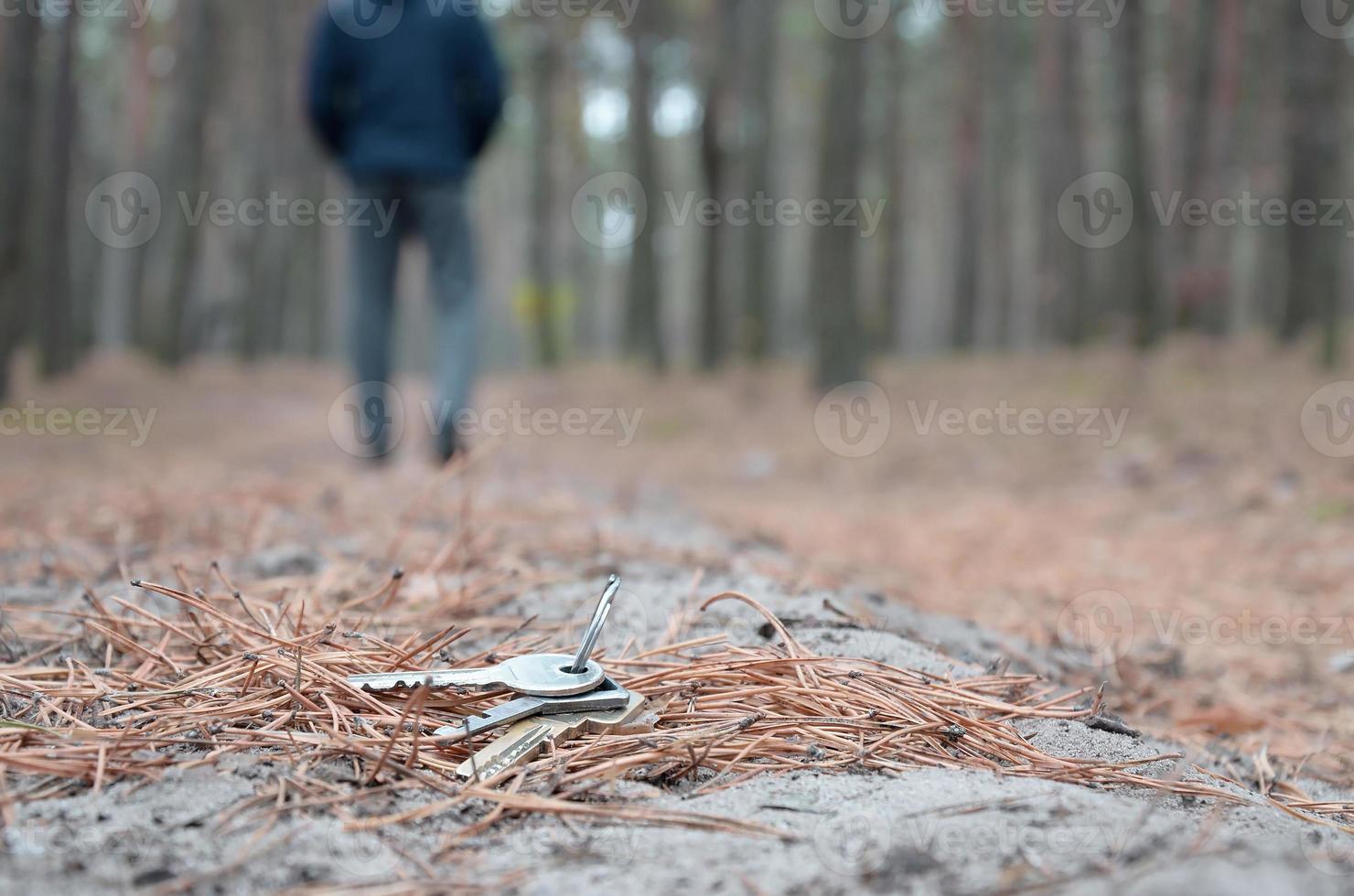 joven pierde su manojo de llaves en el camino de madera de abeto de otoño ruso. concepto de descuido y pérdida de llaves foto