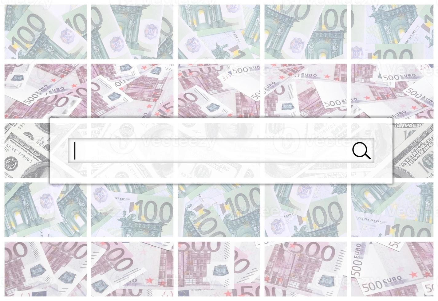 The search string is located on top of collage of many images of euro banknotes in denominations of 100 and 500 euros lying in the heap photo