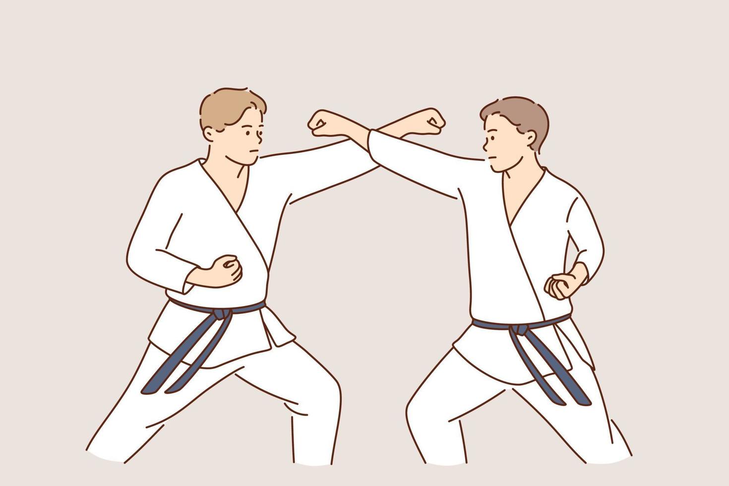 Professional karate sport fighters concept. Two strong men cartoon characters in white uniforms standing fighting practicing karate together vector illustration