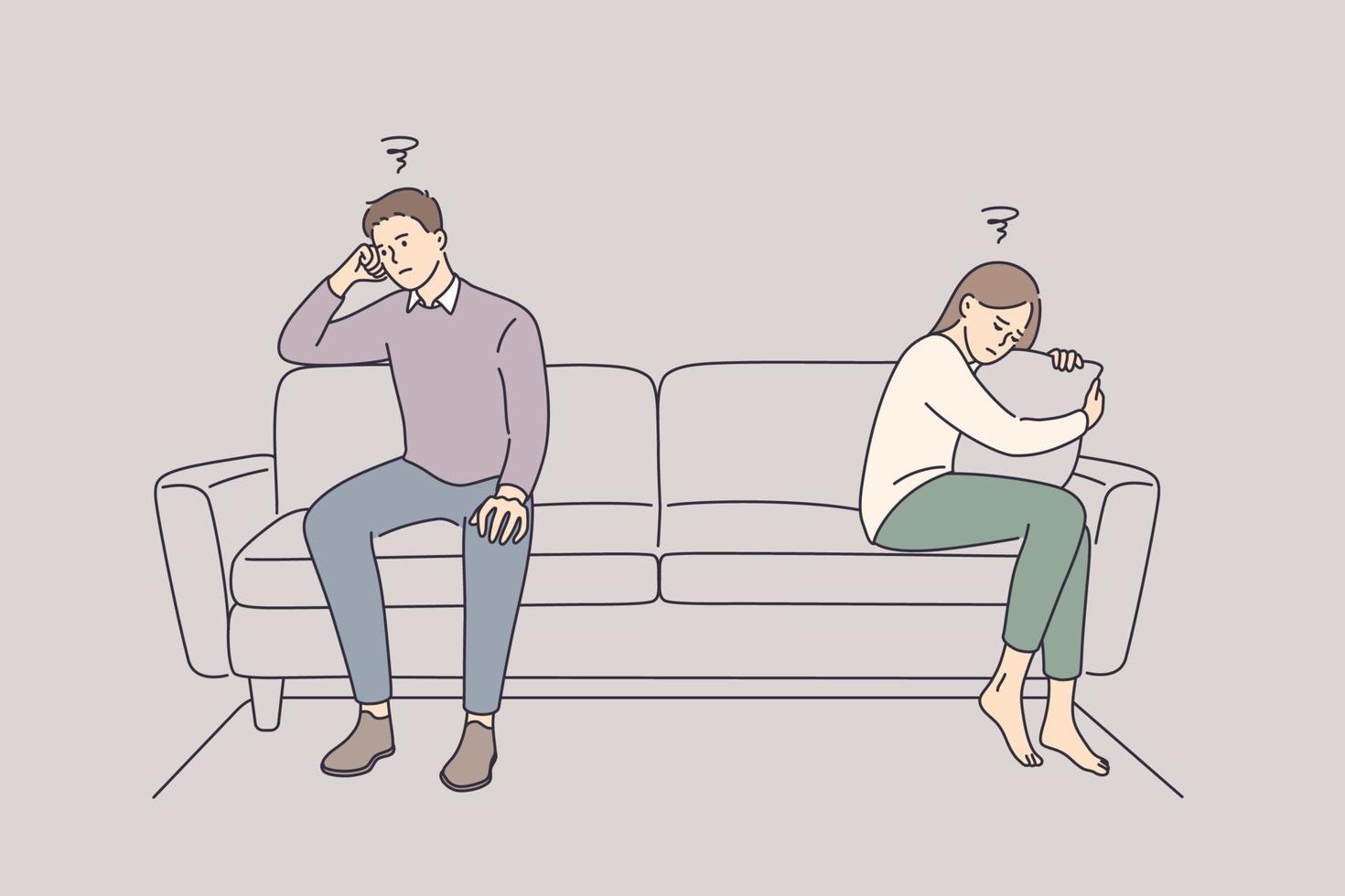 Problems in communication and fight concept. Sad unhappy Husband and wife cartoon characters sitting on couch and keeping silence after quarrel at home vector illustration