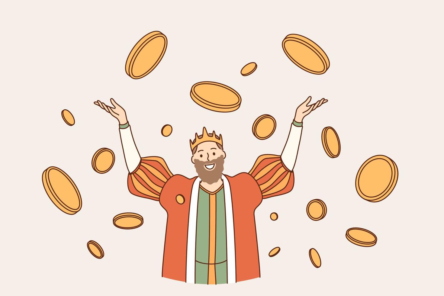 King of coins wealth concept. Young smiling man king in crown cartoon character standing with hands raised up in flying around golden coins feeling happy and confident vector