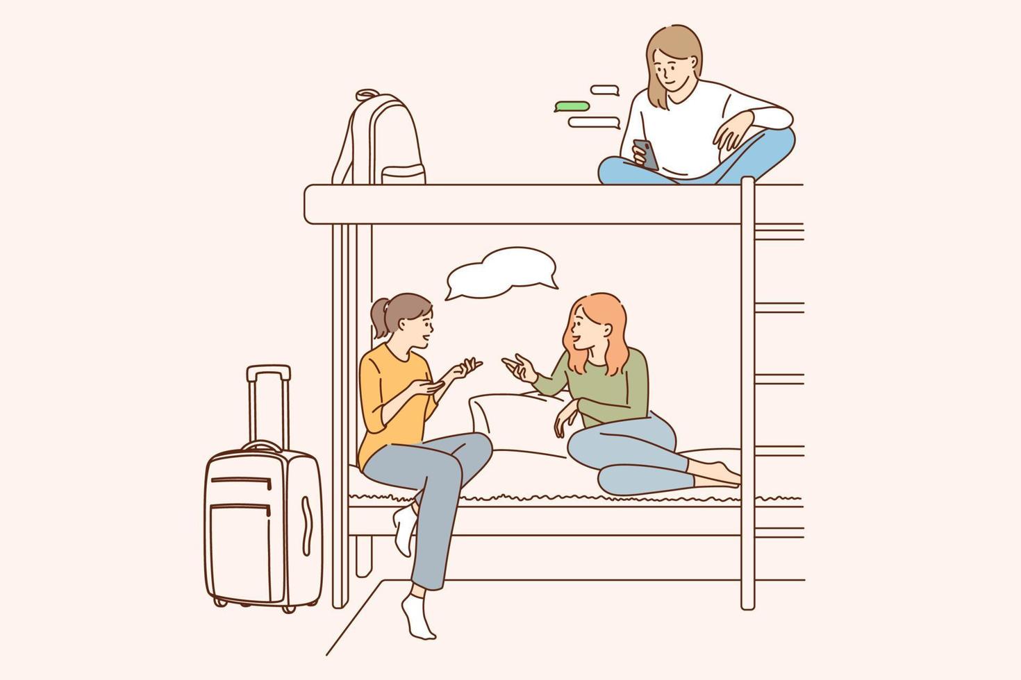 Hostel for young people concept. Positive girls friends cartoon characters sitting sharing one room in hostel or hotel chatting communicating together vector illustration