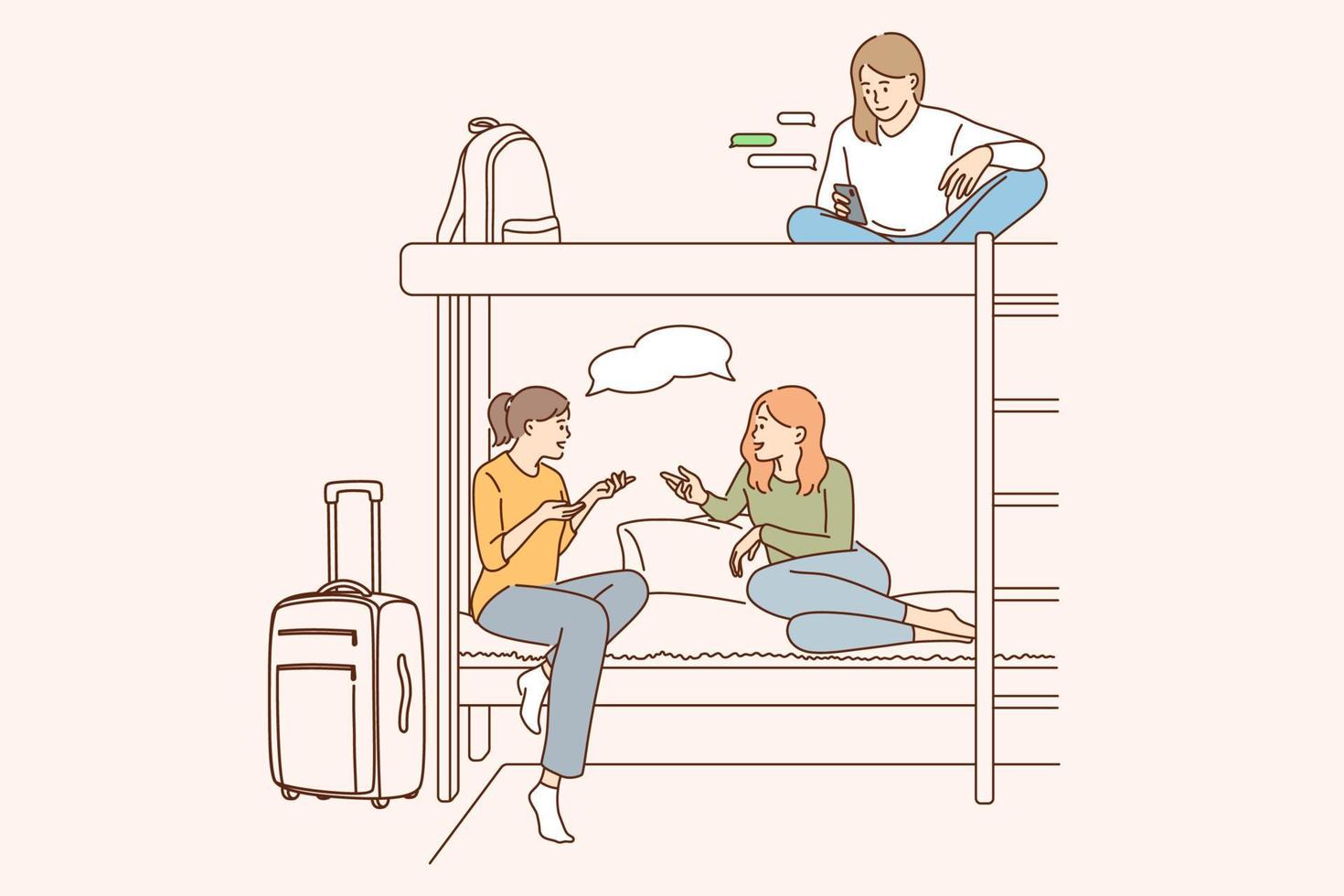 concepto de albergue para jóvenes. chicas amigas positivas personajes de dibujos animados sentados compartiendo una habitación en un hostal u hotel charlando comunicándose juntos ilustración vectorial vector