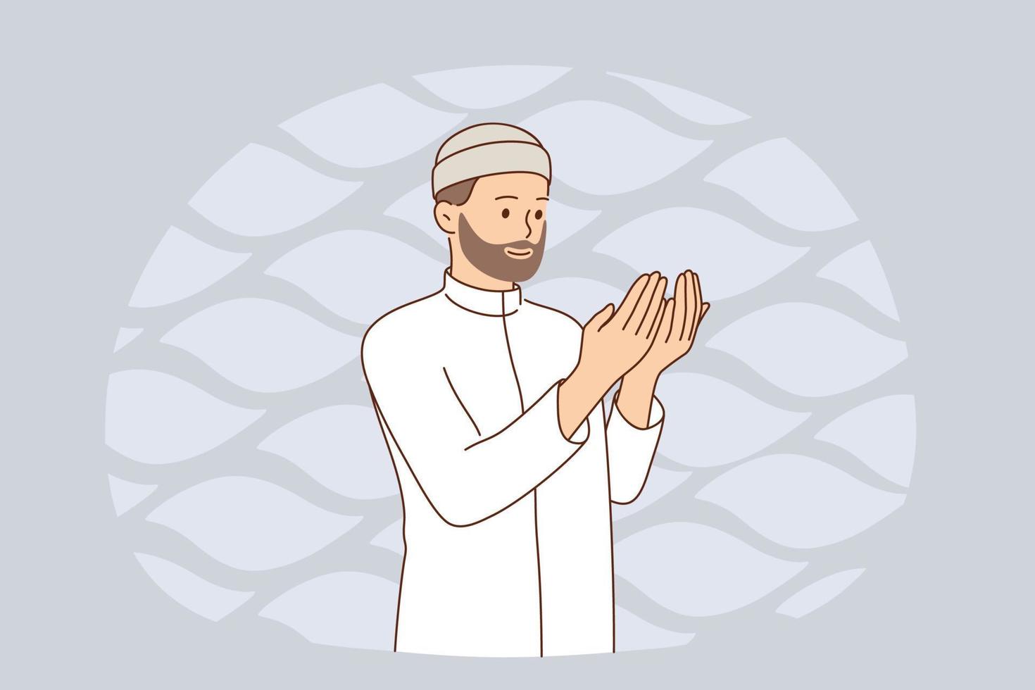 Muslim religion and rituals concept. Young smiling arab man cartoon character in white clothes standing looking at palms hands praying alone vector illustration