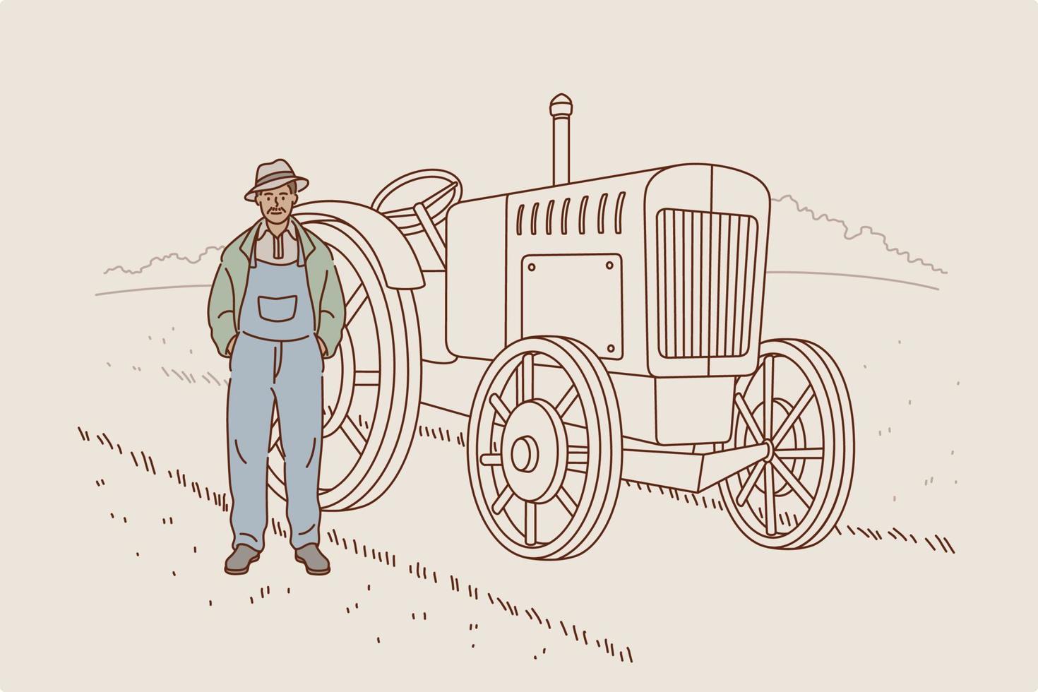 cosecha y trabajo en el concepto de granja. hombre sonriente personaje de dibujos animados agricultor trabajador agrícola de pie en el campo durante la cosecha en la ilustración de vector de máquina