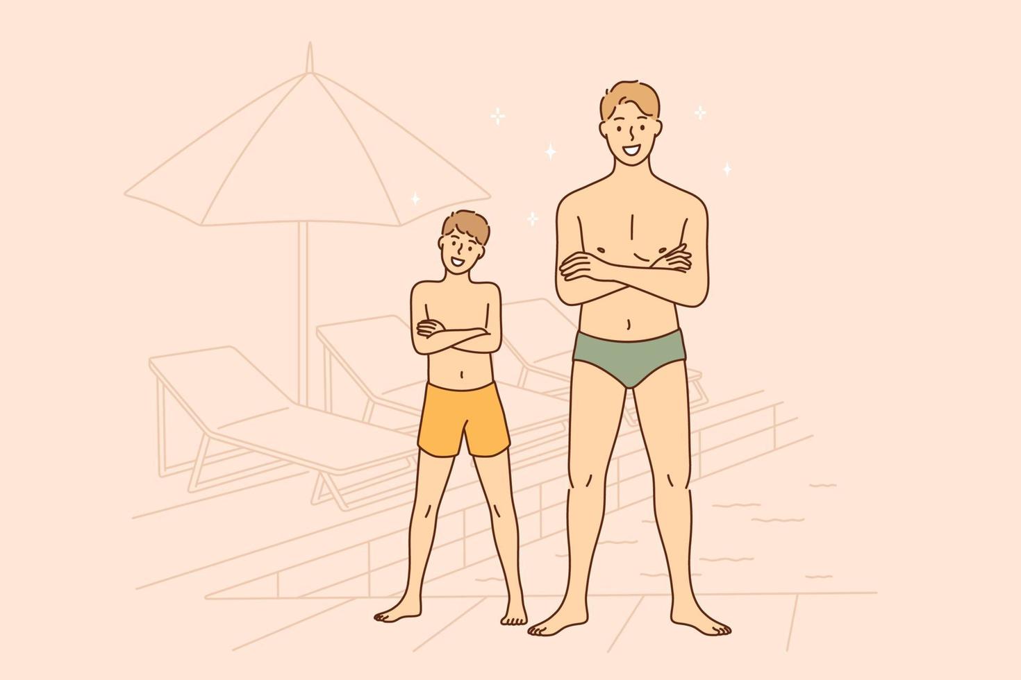 Summer day and vacations concept. Smiling happy man father and boy his son in swimming suits cartoon characters standing with folded hands on chest near pool on beach together during trip vector