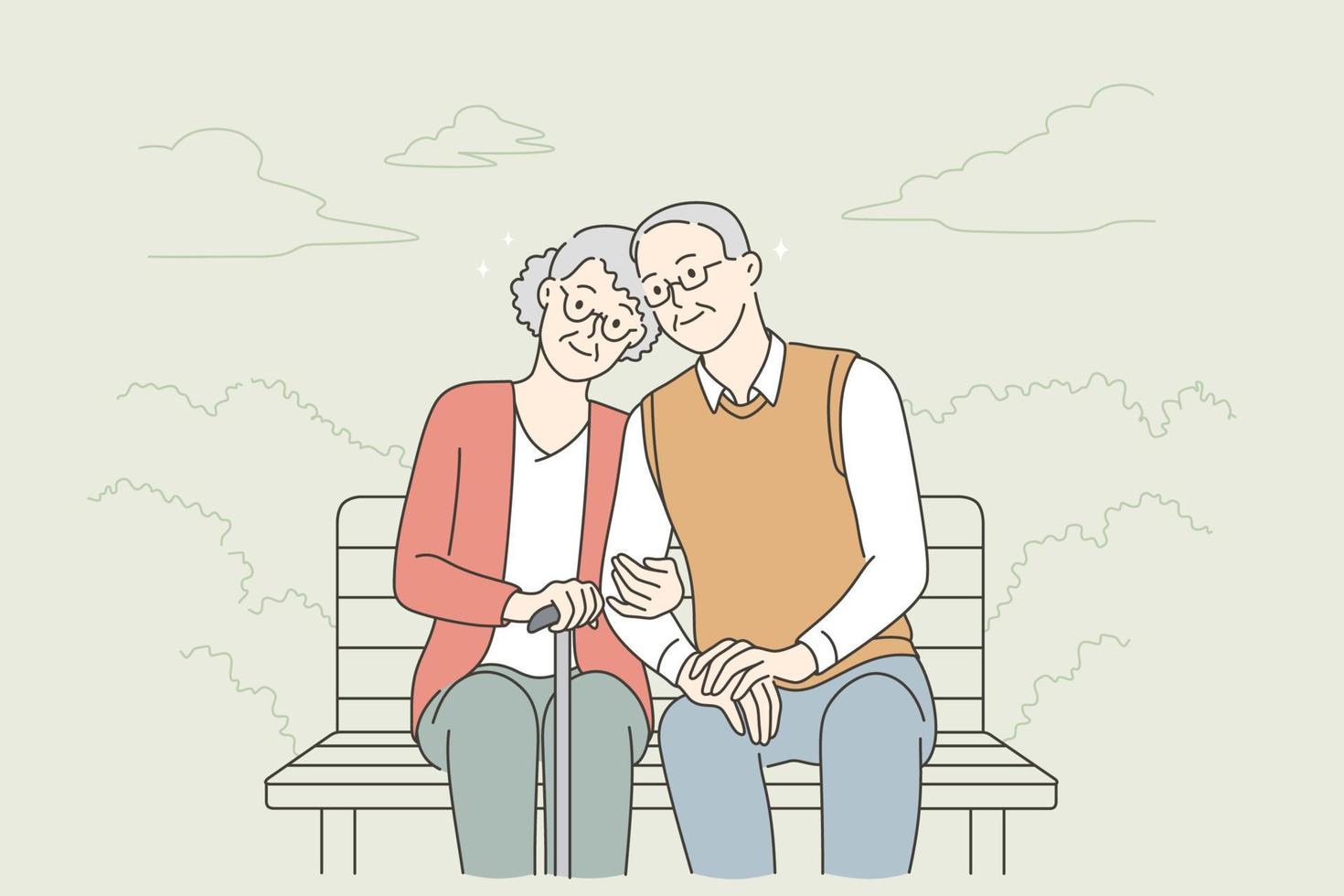 Happy senior people lifestyle concept. Smiling aged mature couple relaxing in park, sitting on bench, holding hands enjoying leisure time outdoors vector illustration