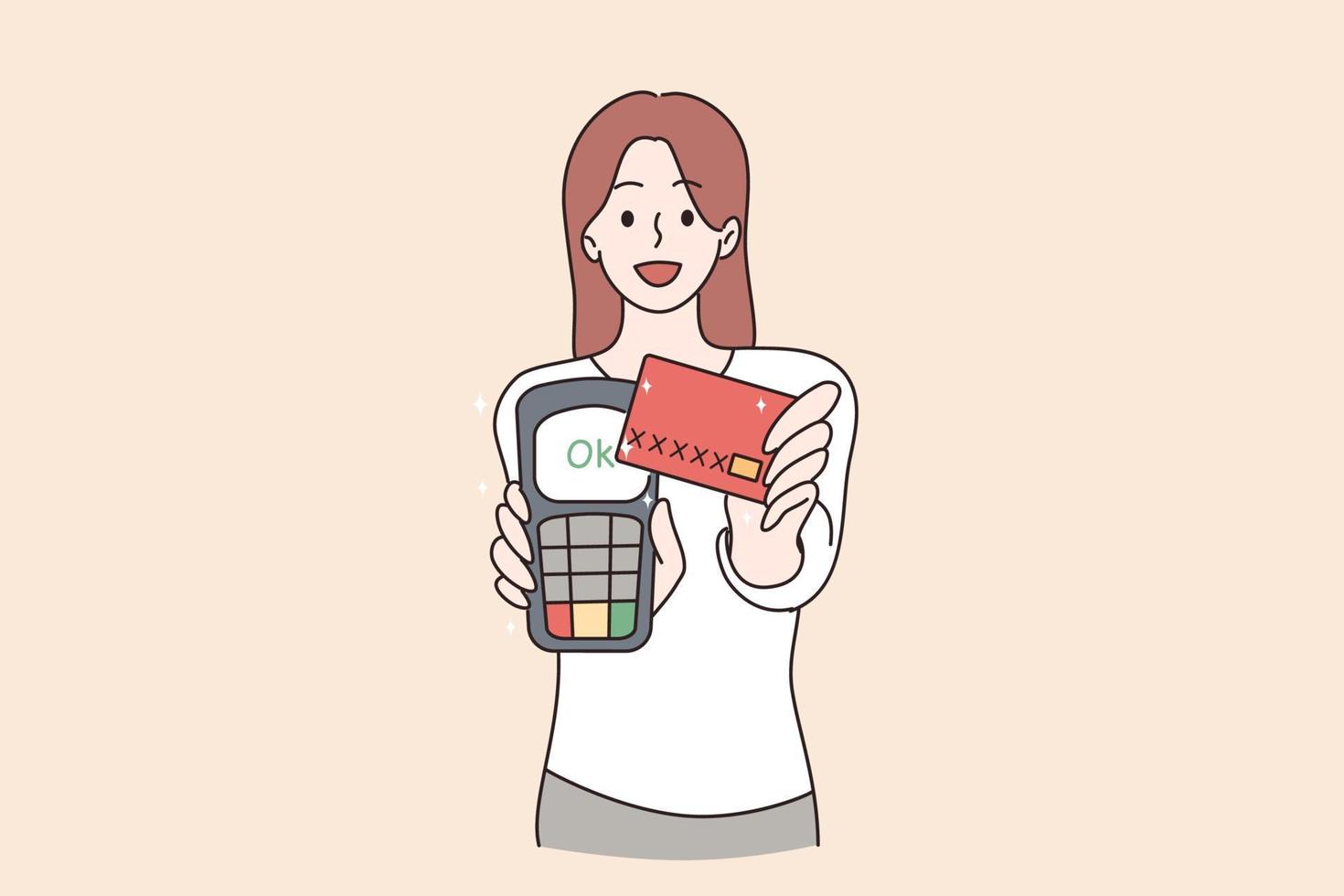 concepto de pago electrónico y tecnologías. retrato de una chica alegre y atractiva sonriente que usa un lector de tarjetas de comercio minorista servicio de procesamiento de pago ilustración vectorial vector