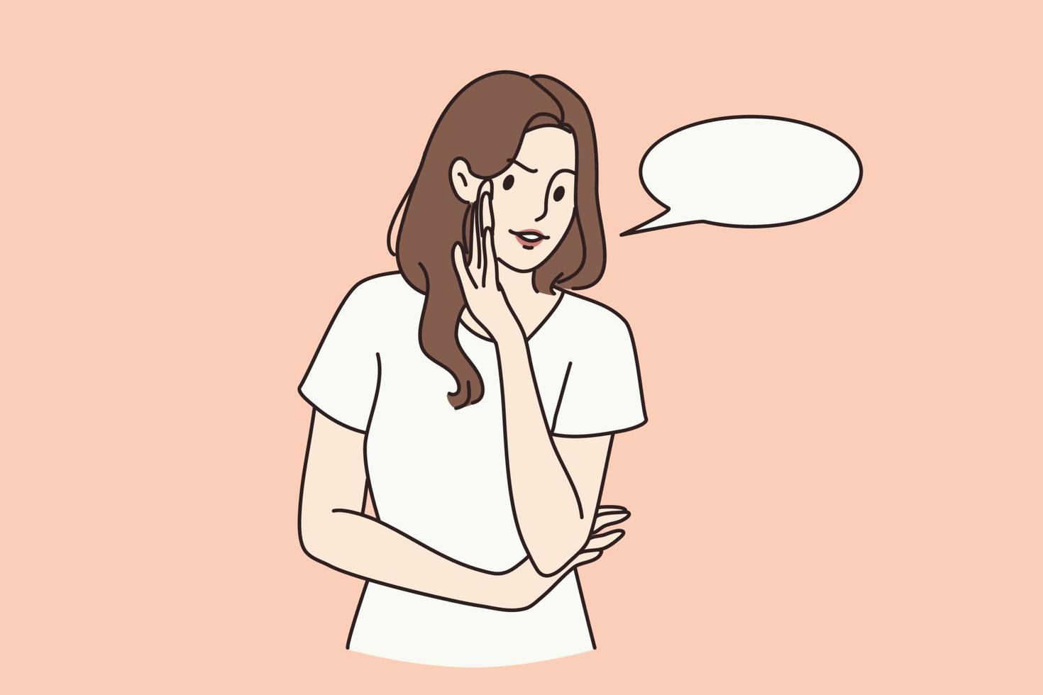 comunicación, habla, concepto de habla. joven personaje de dibujos animados de mujer positiva de pie hablando con alguien con un discurso de burbuja cerca sobre la ilustración de vector de fondo rosa