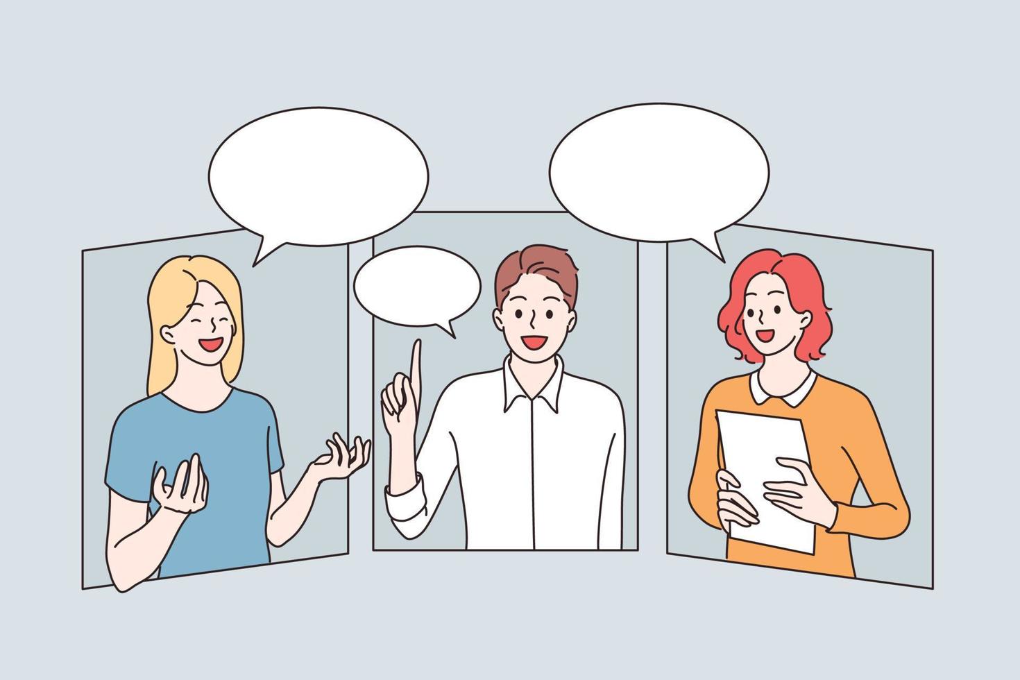 Online communication and video conference concept. Group of young positive business partners having remote meeting online and discussing projects together vector illustration