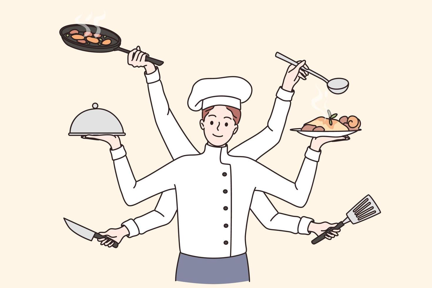 concepto de chef de cocina multitarea. sonriente joven chef de cocina multitarea hombre personaje de dibujos animados en uniforme de trabajo de pie cocina sosteniendo platos en muchas manos ilustración vectorial vector