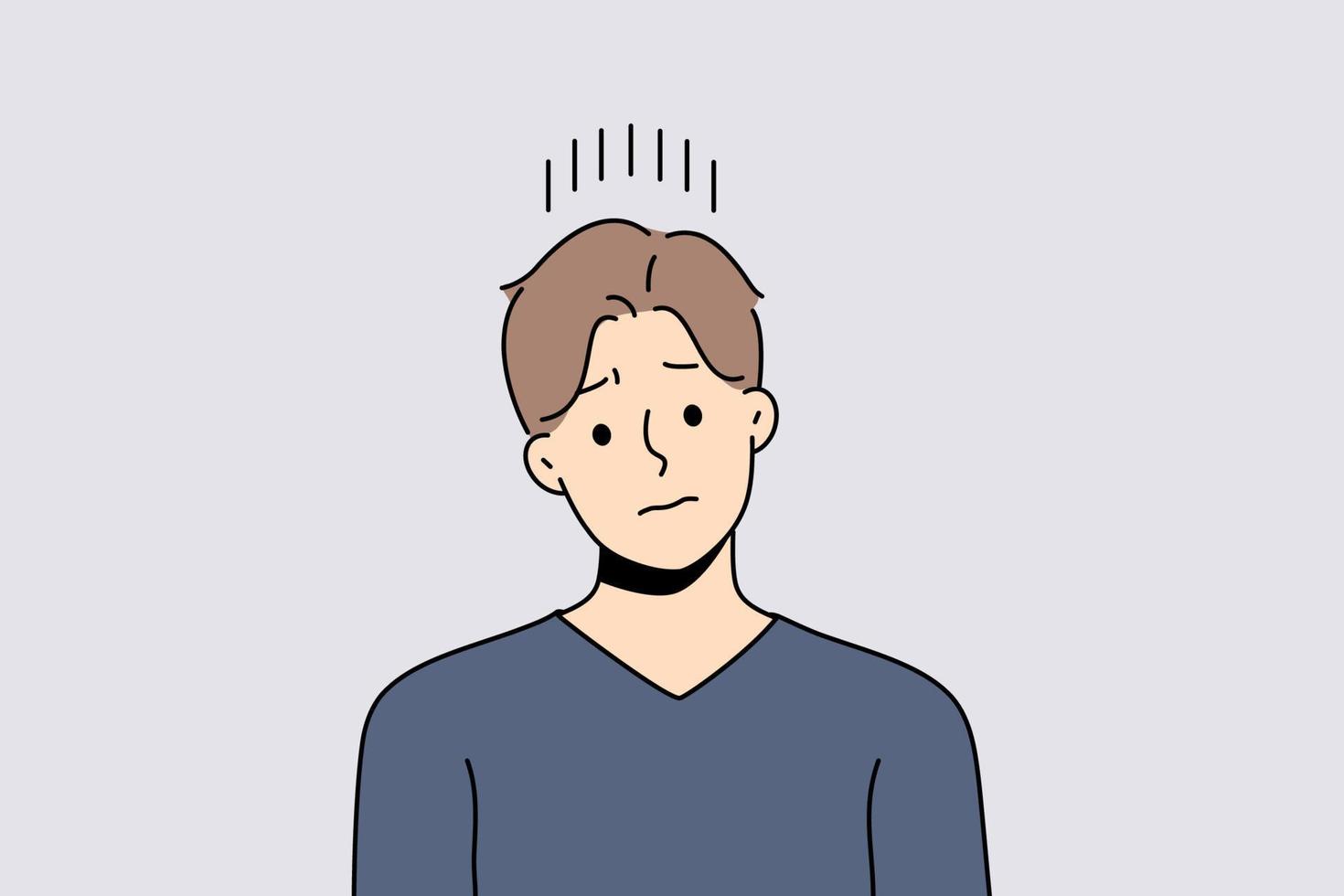 Unhappy young man suffer from repetitive thoughts in head. Upset distressed guy struggle with depression or bad mood. Vector illustration.