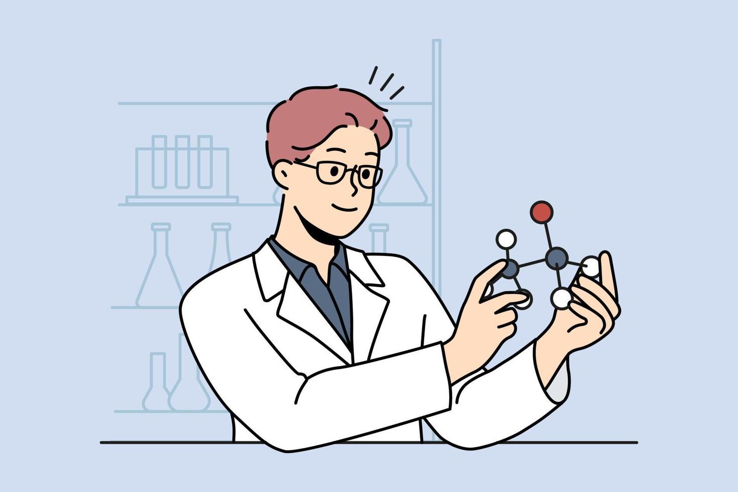 Smiling male scientist working with atom model in laboratory. Happy man researcher in uniform busy in lab. Science and biotechnology. Vector illustration.