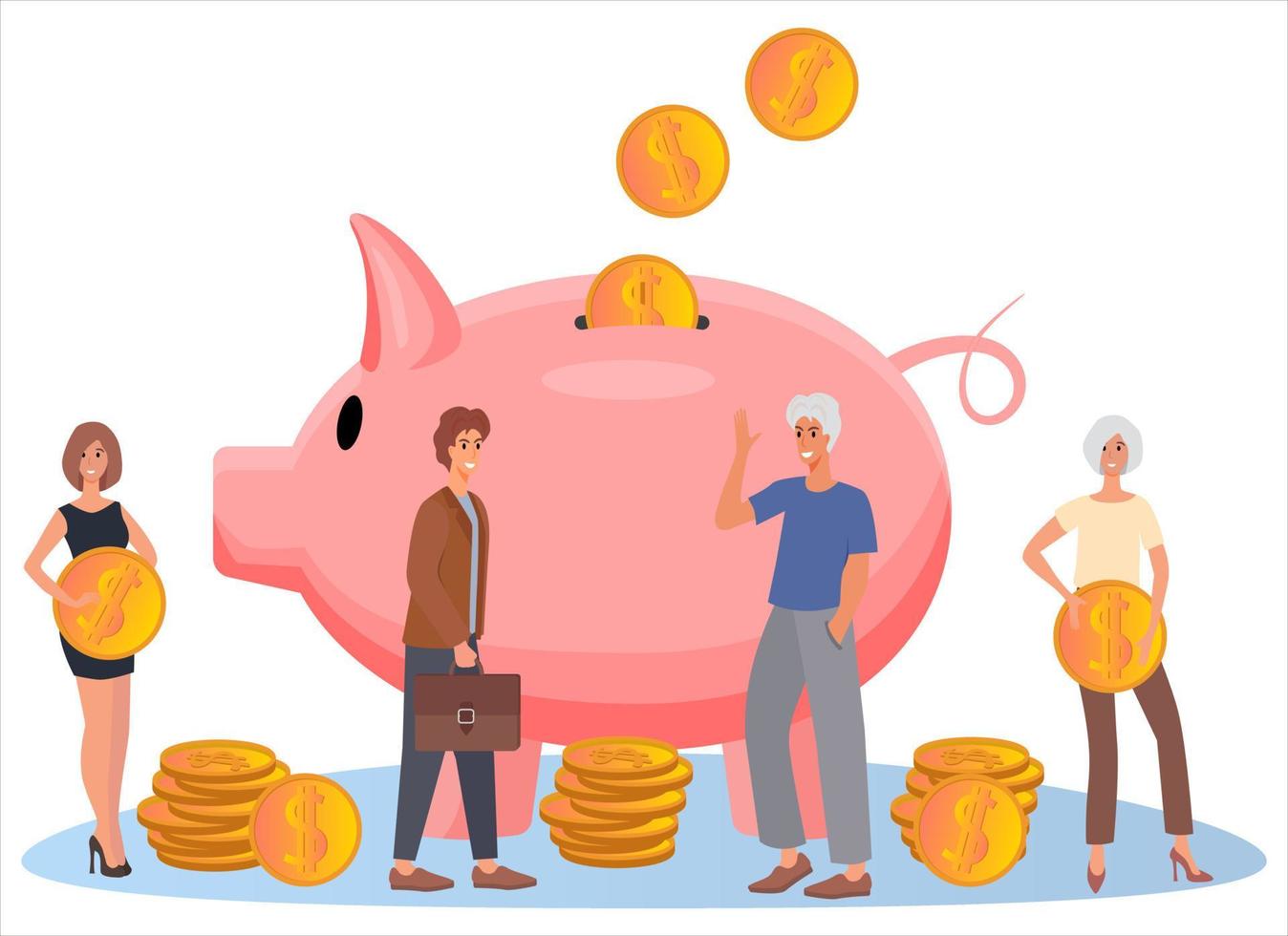 People and a big piggy bank.The concept of saving and accumulating money.Financial and banking services.Flat vector illustration isolated on a white background.