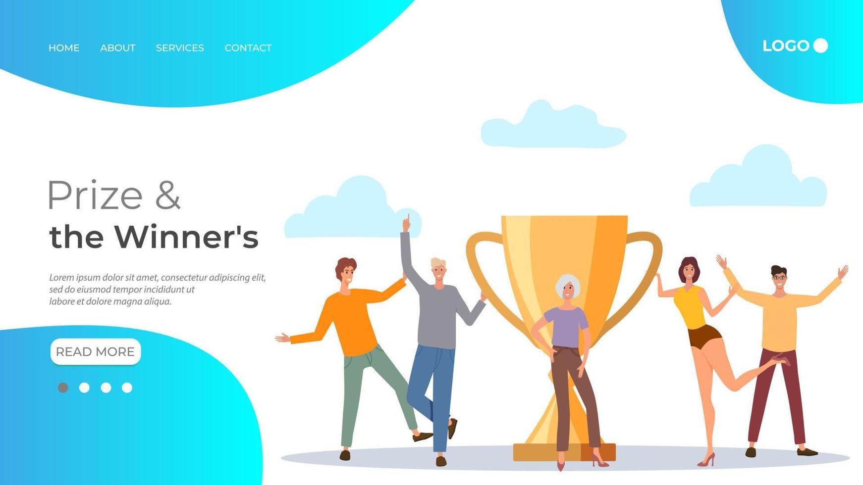 Young people are happy to win the prize and the Winner's Cup.The concept of joint struggle, problem solving and the joy of victory.Flat vector illustration.The template of the landing page.