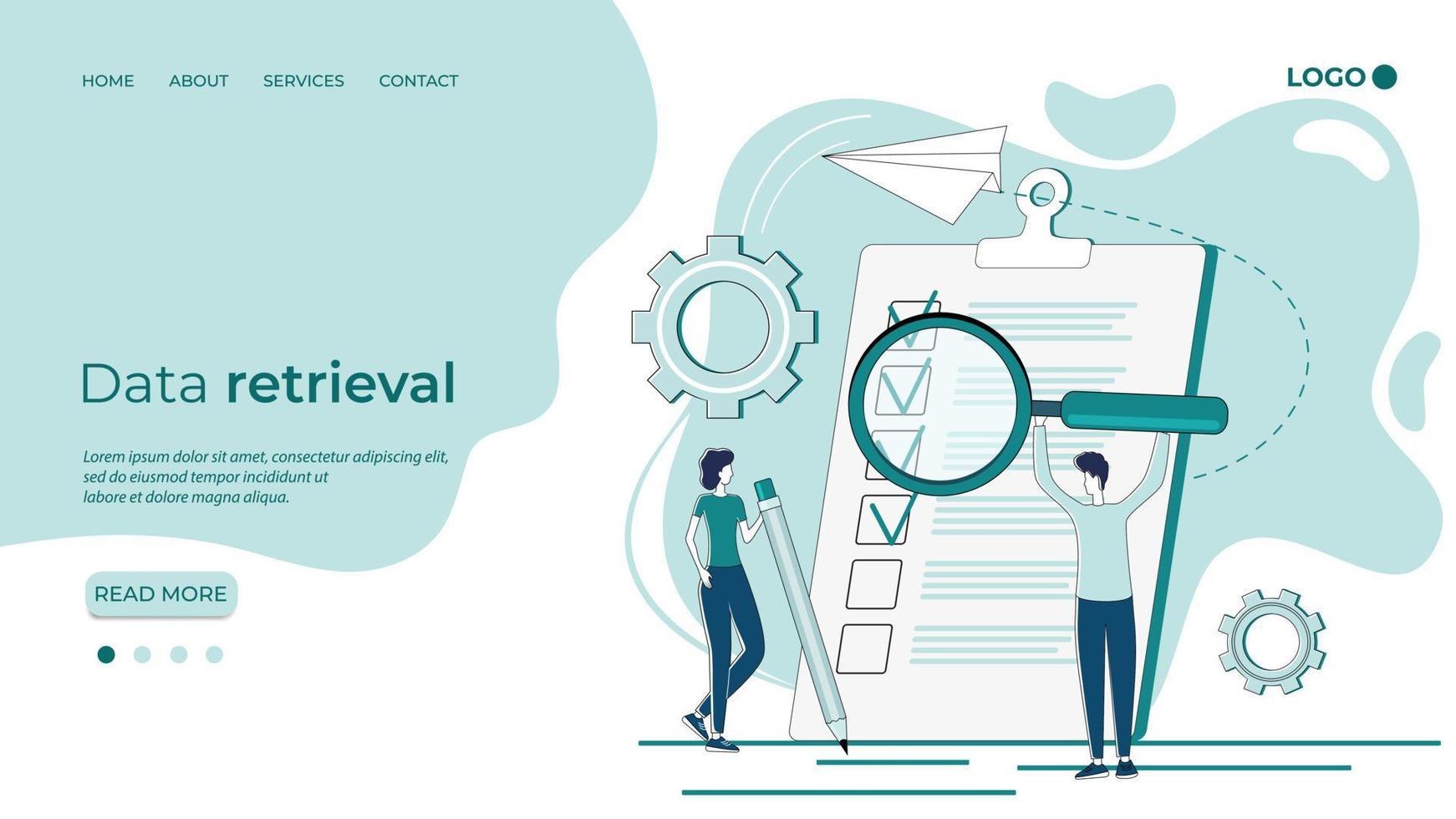 Data retrieval.People use a magnifying glass to search and analyze data.Teamwork and office activities.Flat vector illustration.The template of the landing page.