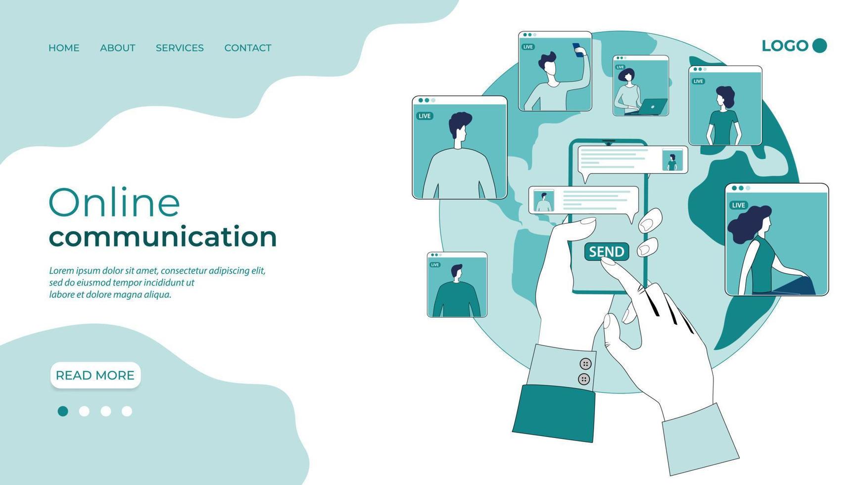 Online communication of people using a smartphone.Teleconferencing, remote work, freelancing, and online education.People on the background of the globe.The template of the landing page. vector
