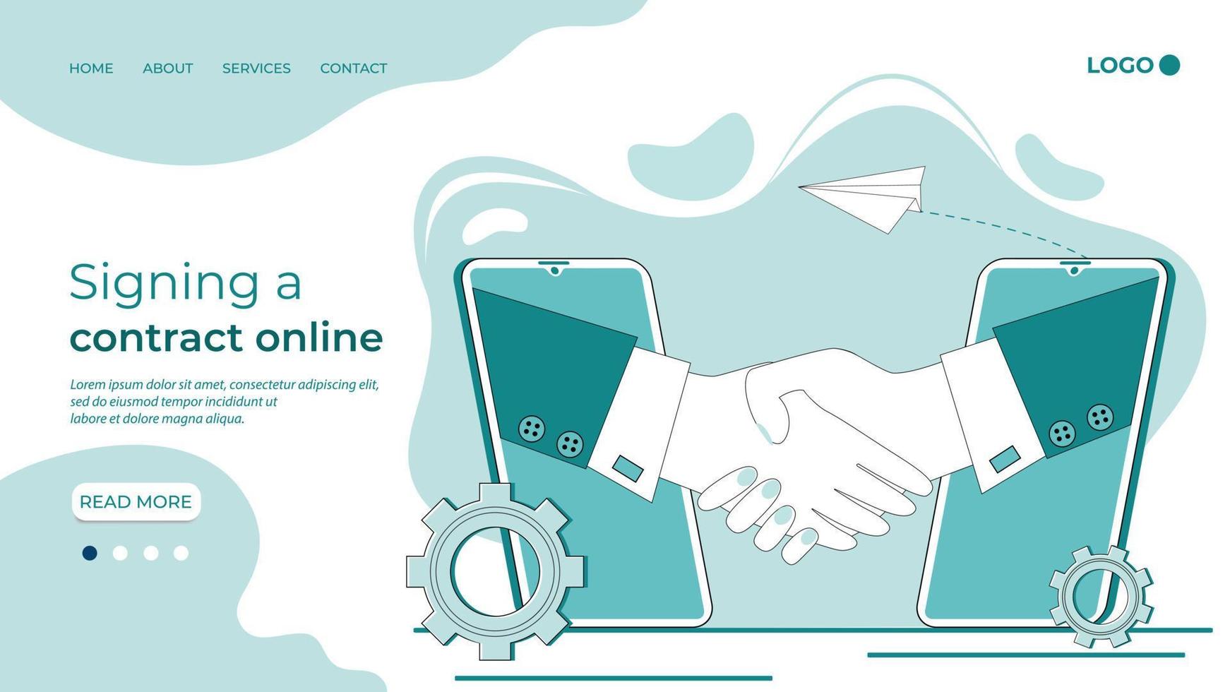 Signing a contract online.Handshake on the background of a signed contract.The concept of a contract, transaction, and business negotiations.Flat vector illustration.The template of the landing page.