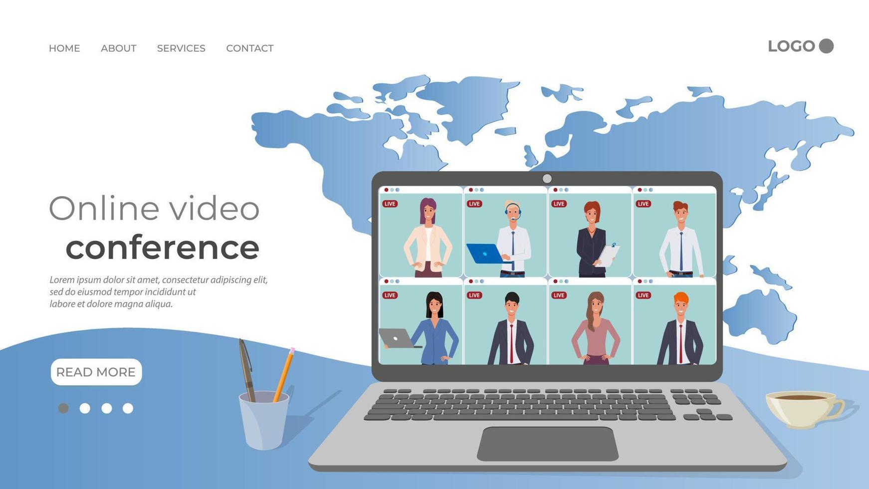 Online video conference.People communicate with each other,remote work,freelancing, online education using a laptop.Concept of development of modern technologies.Flat vector illustration.