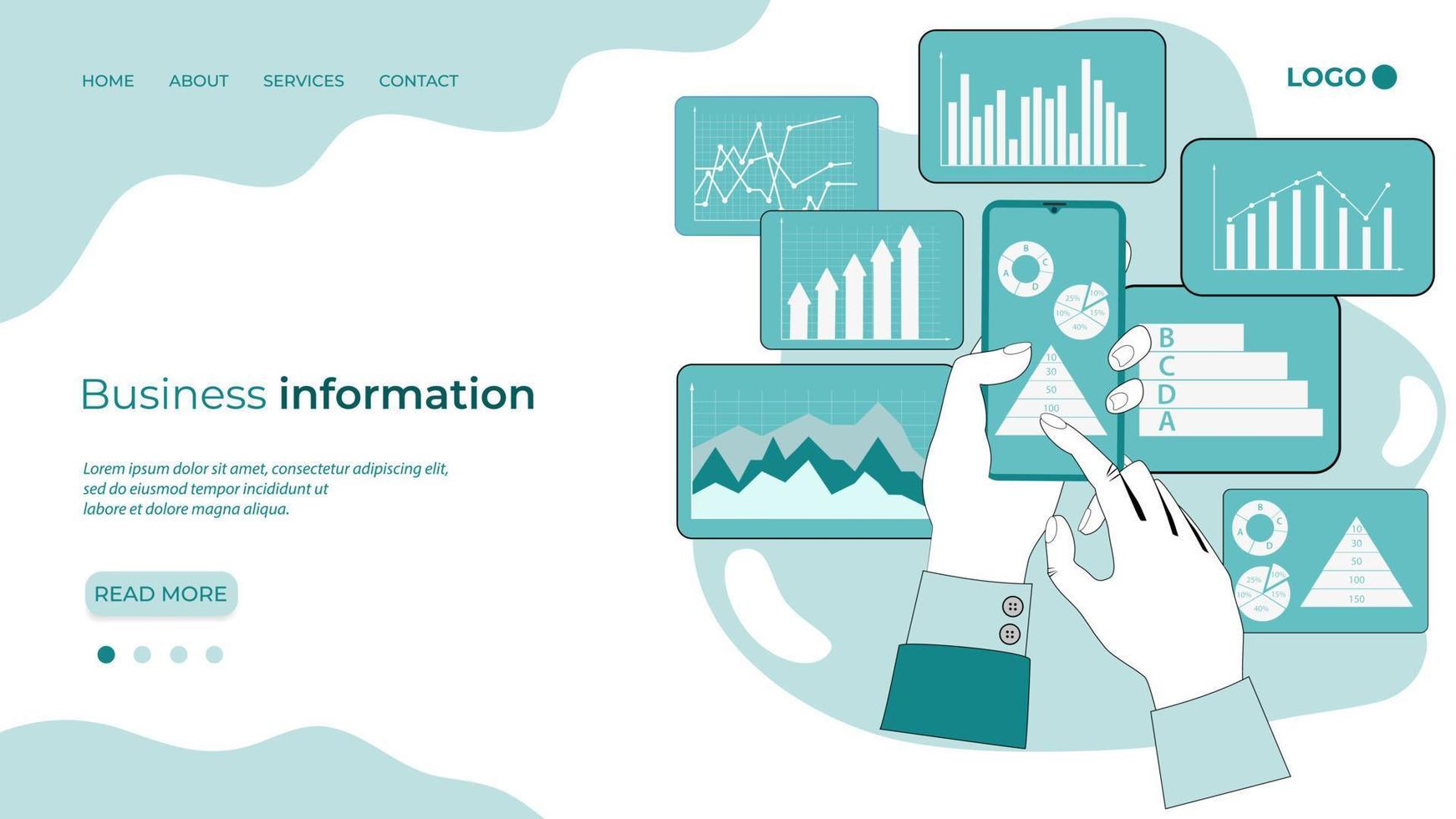 información comercial. un hombre de negocios usa su teléfono inteligente para estudiar infografías. el concepto de control sobre los negocios y el uso de tecnologías modernas. la plantilla de la página de inicio. vector