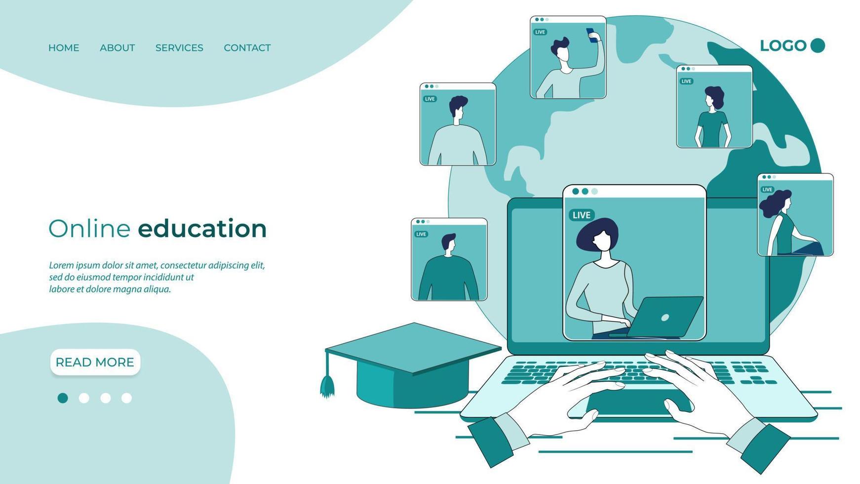 Online education.People connect with each other through video conferences to gain knowledge.The concept of distance learning,using a laptop when you are anywhere in the world. vector