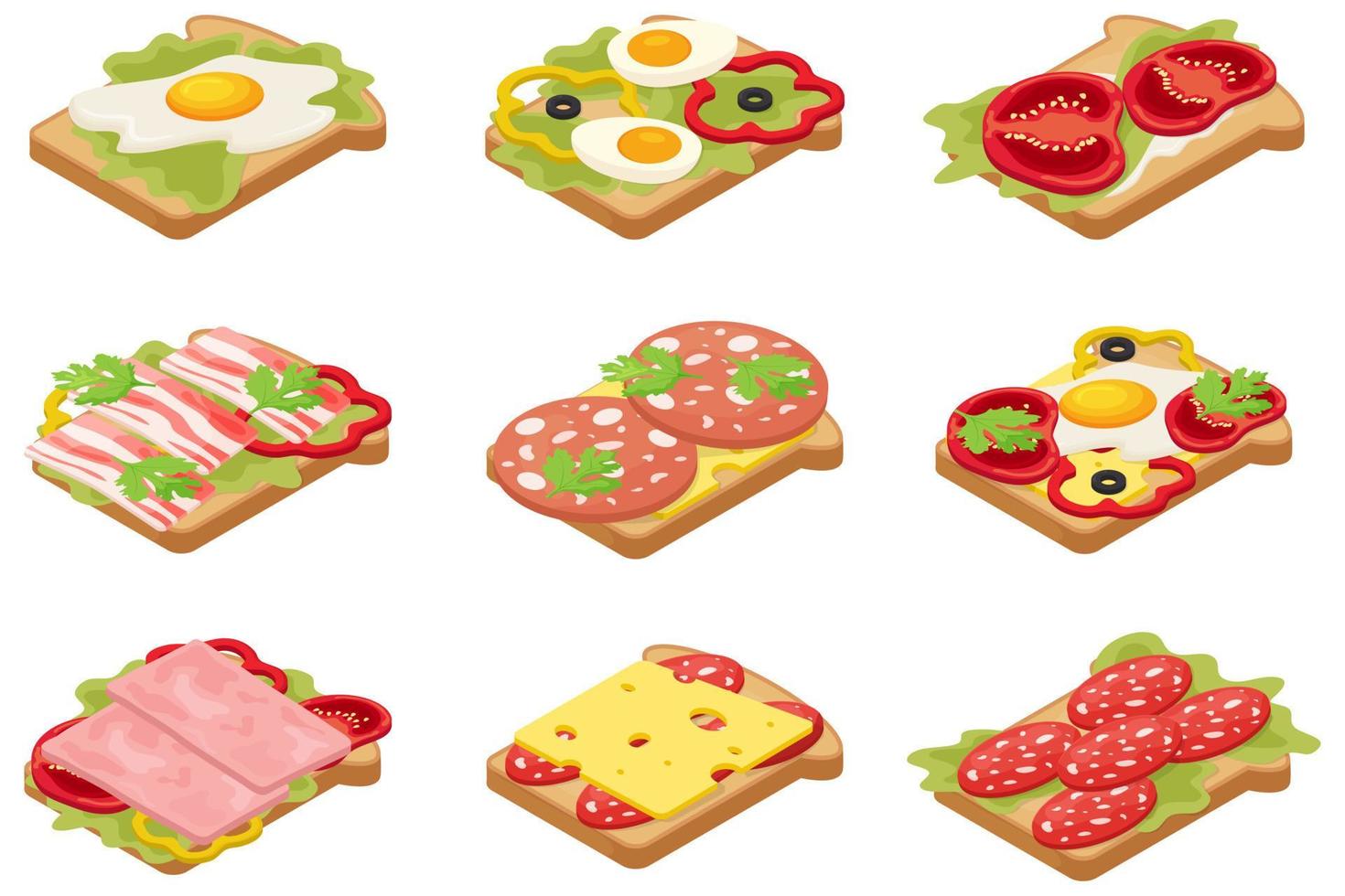 A set of delicious morning toast for breakfast.Fried pieces of bread with sausage, cheese, eggs, bacon and ham with tomatoes.Food for breakfast, food for lunch,food for dinner.Isometric vector