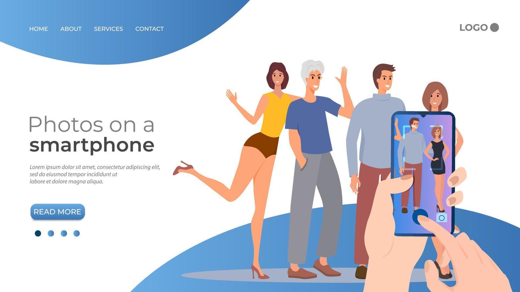 Young people pose for photos and take pictures on a smartphone.Friendship and joy of communication of cartoon characters are photographed for memory.Flat vector illustration.