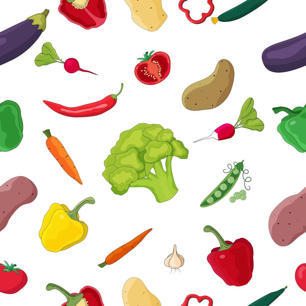 Seamless pattern of fresh vegetables.Carrots, peppers, chili peppers, potatoes, eggplant, garlic, peas and tomatoes are beautifully arranged on a white background.Flat vector illustration