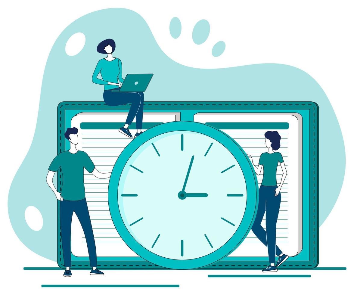 Time control.People on the background of a large clock and a daily planner.Time management and deadline.Scheduling of tasks.The concept of time preservation.Flat vector illustration.