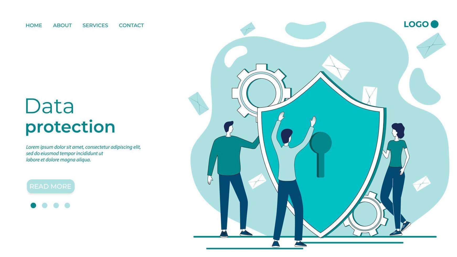 Data protection.Secure Internet connection, secure messenger,personal data protection.People on the background of a large shield as a metaphor for protection.Landing Page Template vector