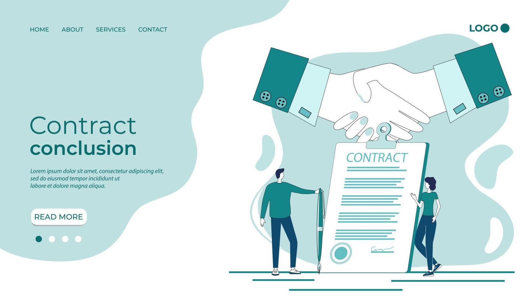 Contract conclusion.Handshake on the background of a signed contract.The concept of a contract, transaction, and business negotiations.Flat vector illustration.The template of the landing page.